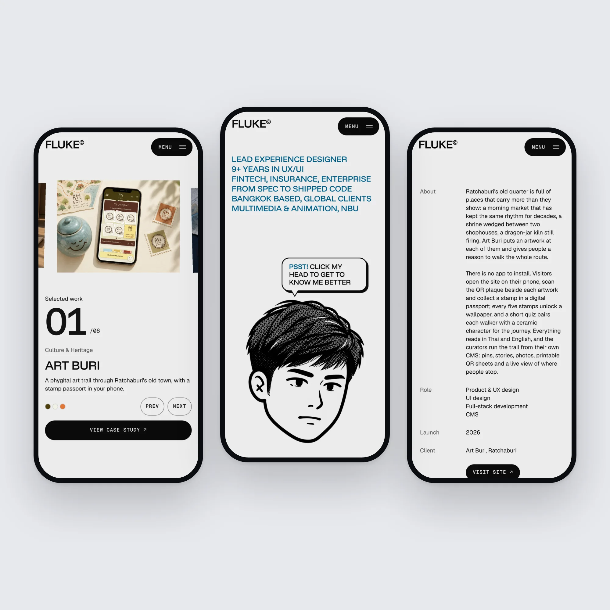 หน้าแรก หน้า About และ case study ของพอร์ตโฟลิโอ บนโทรศัพท์สามเครื่อง