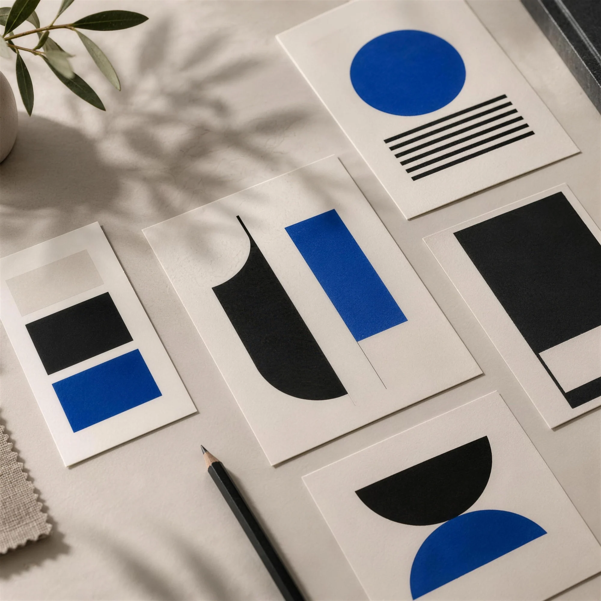 การ์ด design system พิมพ์วางบนโต๊ะ มีสีขาว ดำ และน้ำเงิน