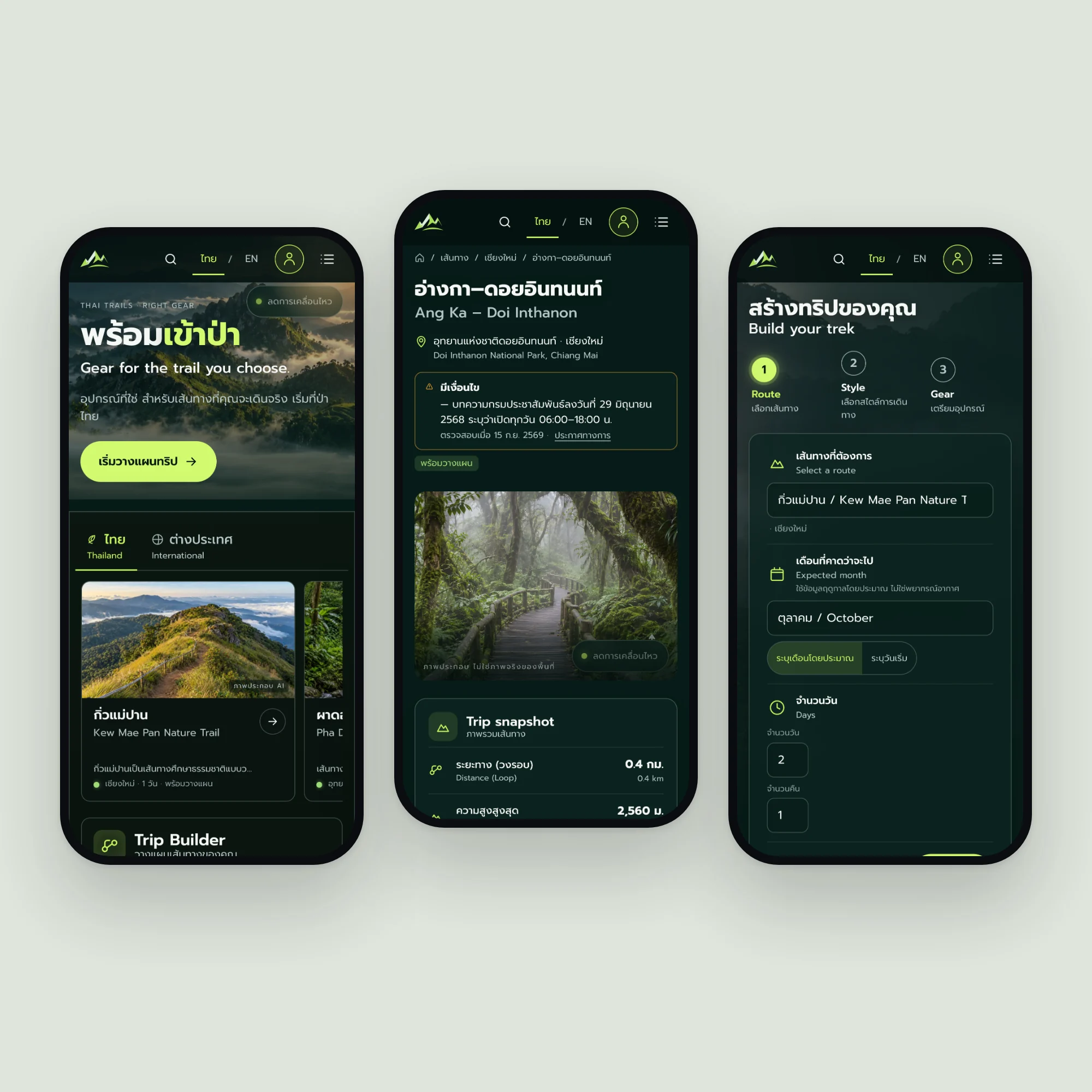 หน้าแรก หน้าเส้นทางอ่างกา และ Trip Builder ของ TrailReady บนโทรศัพท์สามเครื่อง